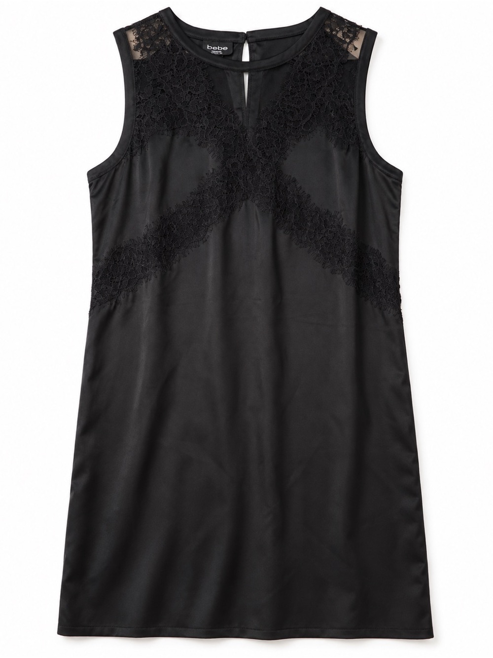 Bebe Black Lace Satin Mini Shift Dress Size Large Sleeveless Cocktail Party